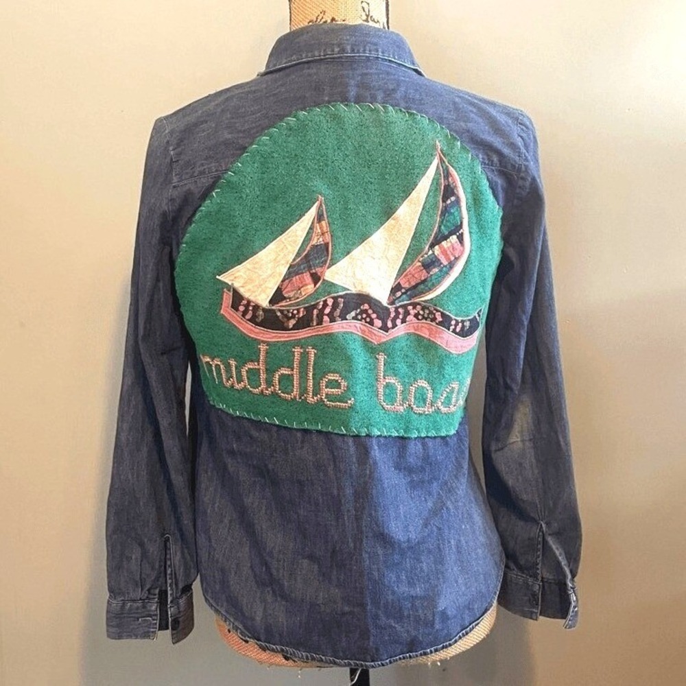 Handmade Upcycled Nautical Denim Beach Sailboat Patch Button Up Shirt Blue Small
